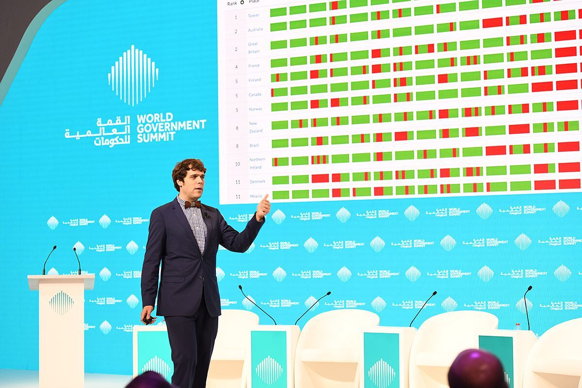 a young man is giving presentation during World Government Summit